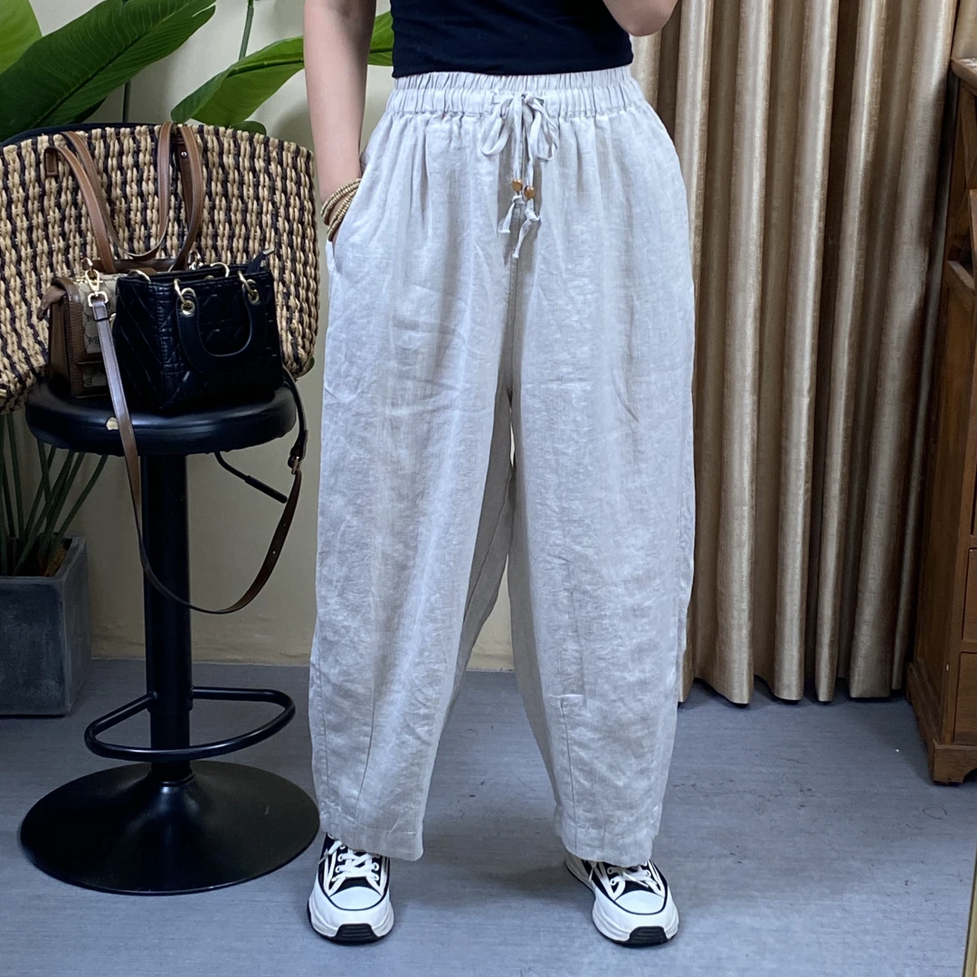 夏季新款纯亚麻简约复古文艺大版宽松纯色薄款休闲山本裤