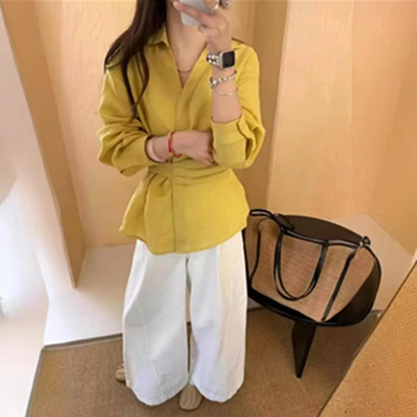 2025春夏季韩版时尚V领系带收腰长袖衬衫女宽松显瘦上衣