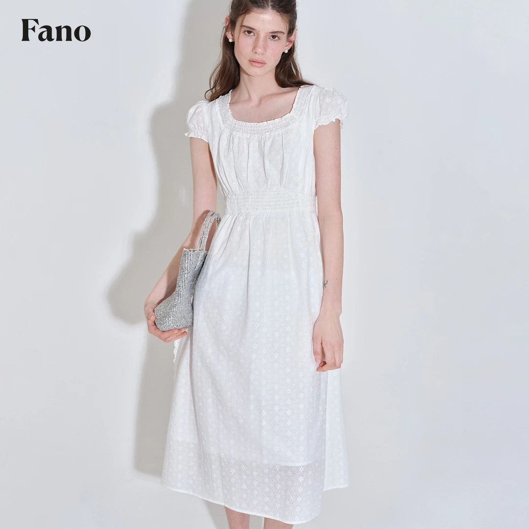 6.6上新 白玉光“韩系女主感 手工打揽”绣花泡泡袖连衣裙FQ25L046