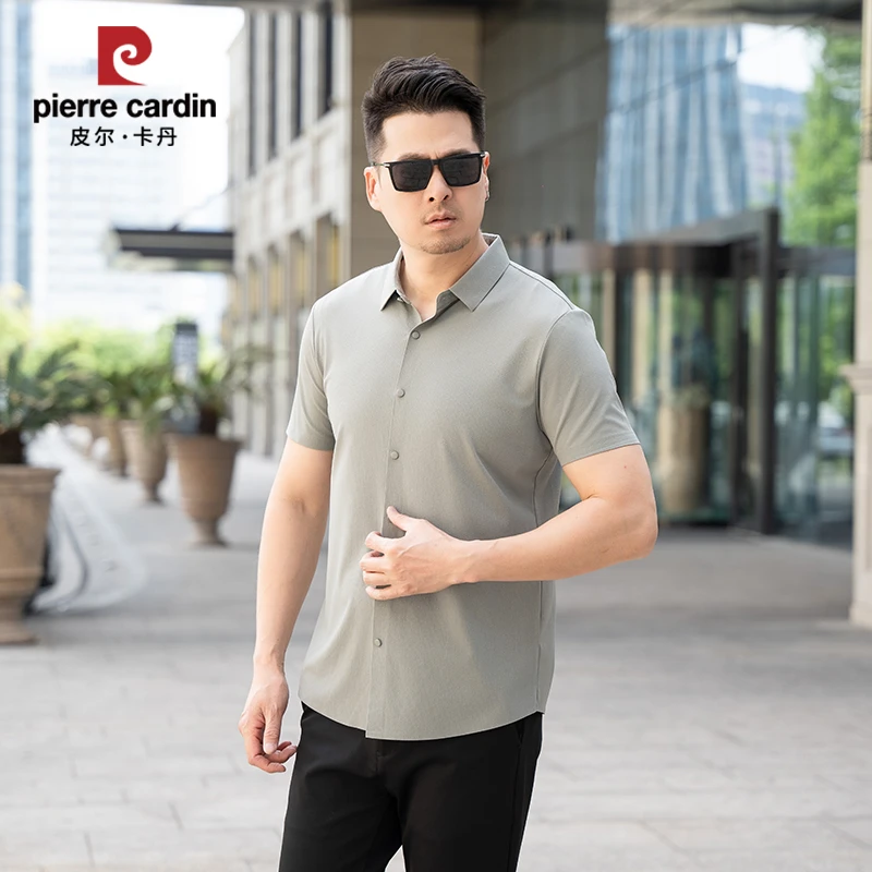 皮尔卡丹商务休闲短袖衬衫男士上衣夏季薄款透气翻领免烫衬衣