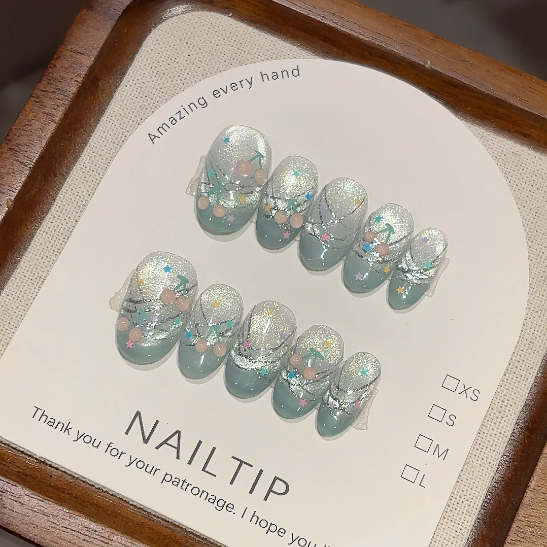 纯手工【水晶球】薄荷猫眼闪亮樱桃星星亮片可爱少女心穿戴甲