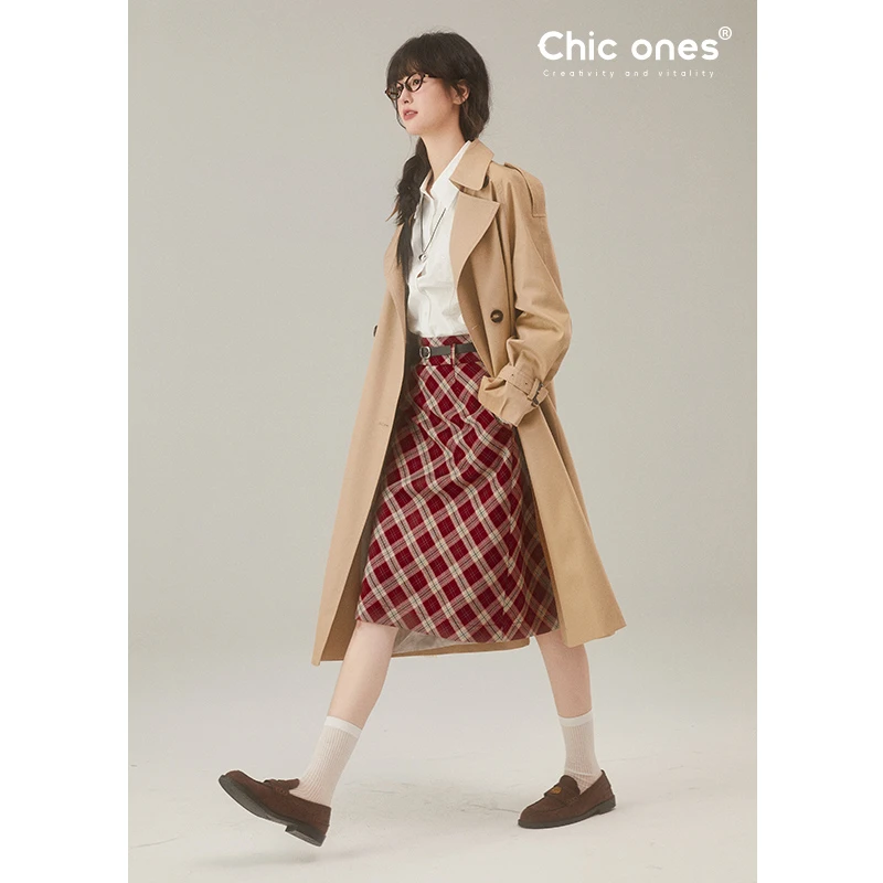 Chic ones 红色复古格子半身裙女 2025新款学院风A字中长裙