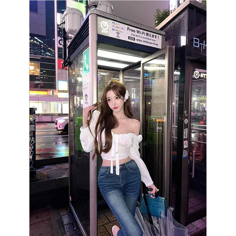 法式高级感小众白色方领泡泡袖修身衬衫上衣女高腰紧身牛仔长裤