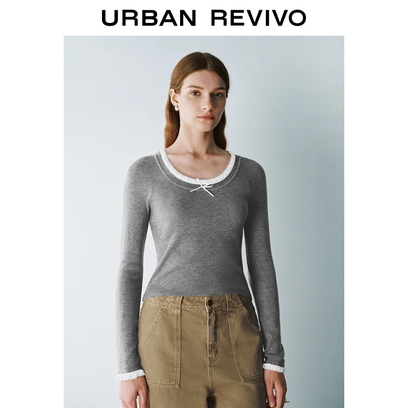 UR2025秋季新款女装都市休闲撞色花边修身针织衫UYU950124+