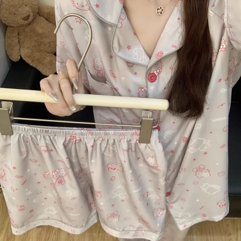 高级感冰丝银色睡衣女夏季新款三件套装女士短袖休闲家居服可外穿