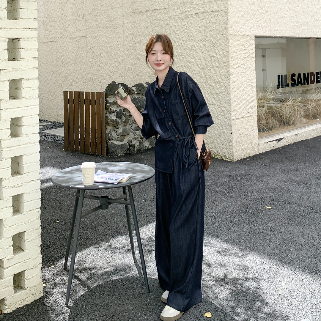 复古港风时尚牛仔套装女2025秋季新款高级感系带上衣阔腿裤两件套