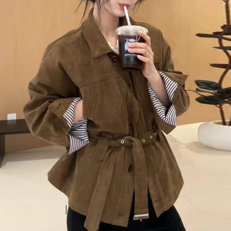 2025秋季新休闲复古质感绒皮做旧排扣腰带收腰气质外套女士上衣