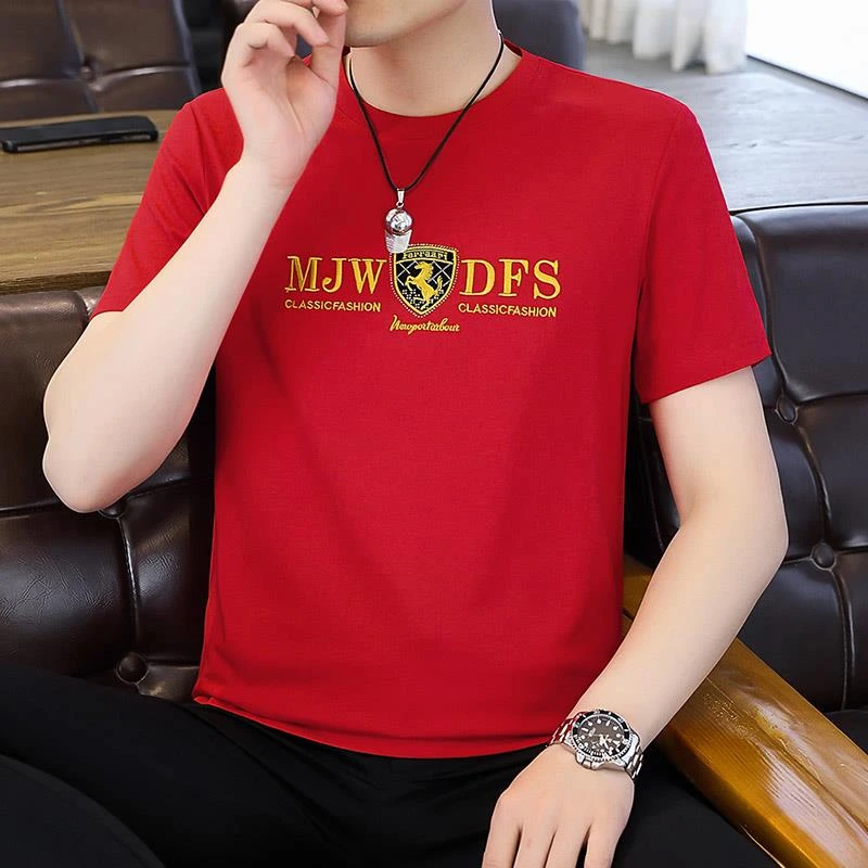 大红色短袖t恤男士品质百搭薄款上衣刺绣高端欧洲站半袖体恤男装