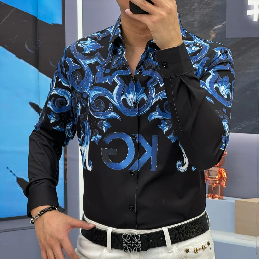 轩诚2025春季新款印花男士长袖免烫抗皱舒适弹力无痕衬衣82563