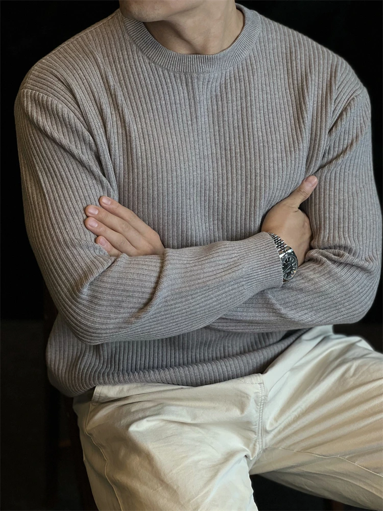 简素Design肌理条纹简约长袖打底T恤衫男弹力基础纯色针织毛衣秋