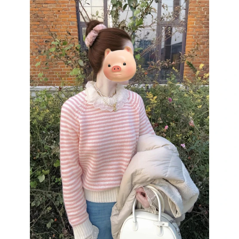 粉色条纹圆领套头软糯打底毛衣女秋冬季加厚慵懒风内搭针织衫上衣
