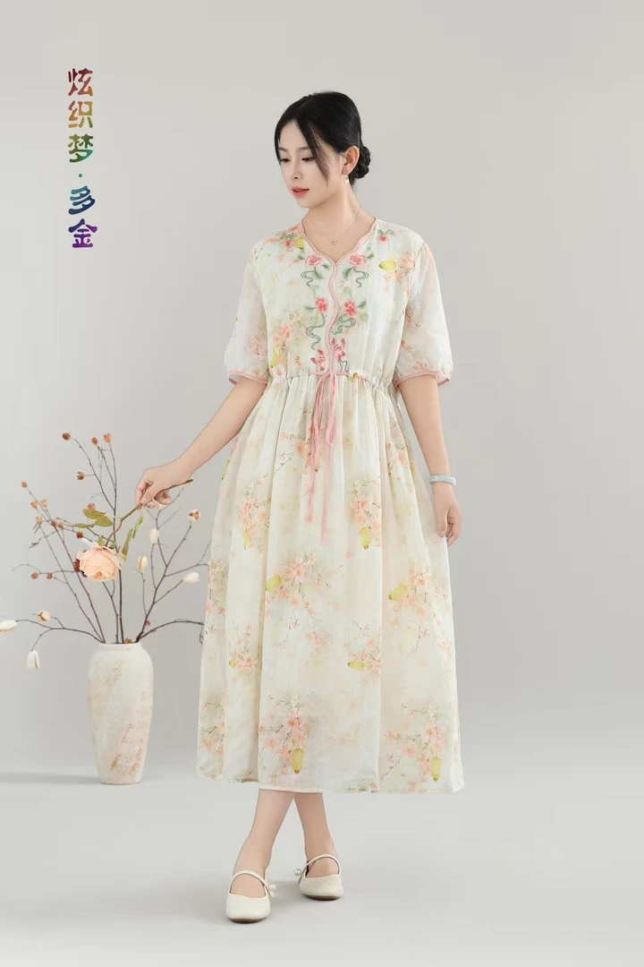 炫织梦多金气质显瘦长裙宽松腰印花夏季拼接旗袍复古连衣裙2703