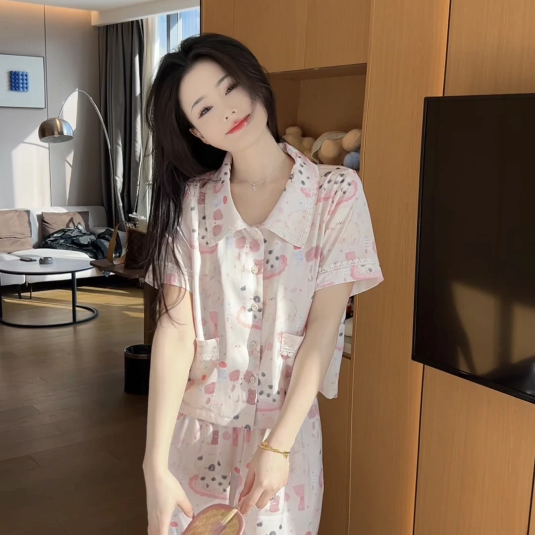 夏季短袖可爱休闲薄款睡衣宽松短袖长裤套装女家居服可外穿显瘦