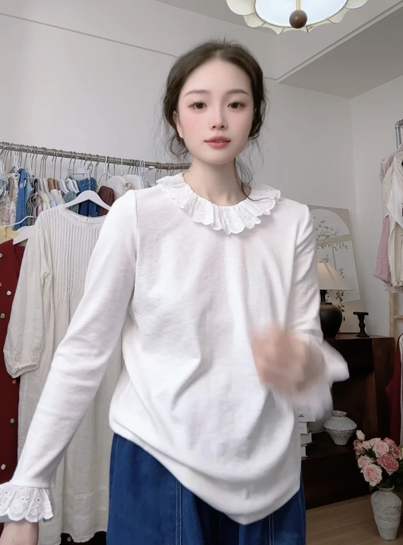 可衣-【小个T】2025秋冬上新花边圆领弹性T恤长袖小个子甜美百搭