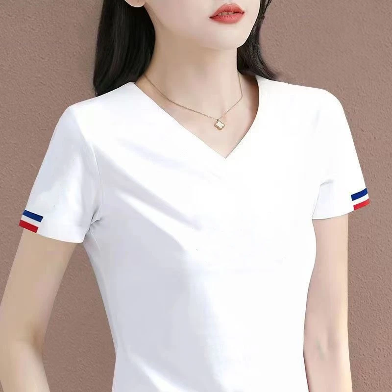 夏季短袖t恤时尚v领设计感韩版显瘦百搭大码女装休闲优质棉T恤女
