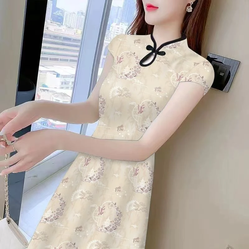 中款改良旗袍连衣裙高档子女夏季新款洋气印花打底收腰裙