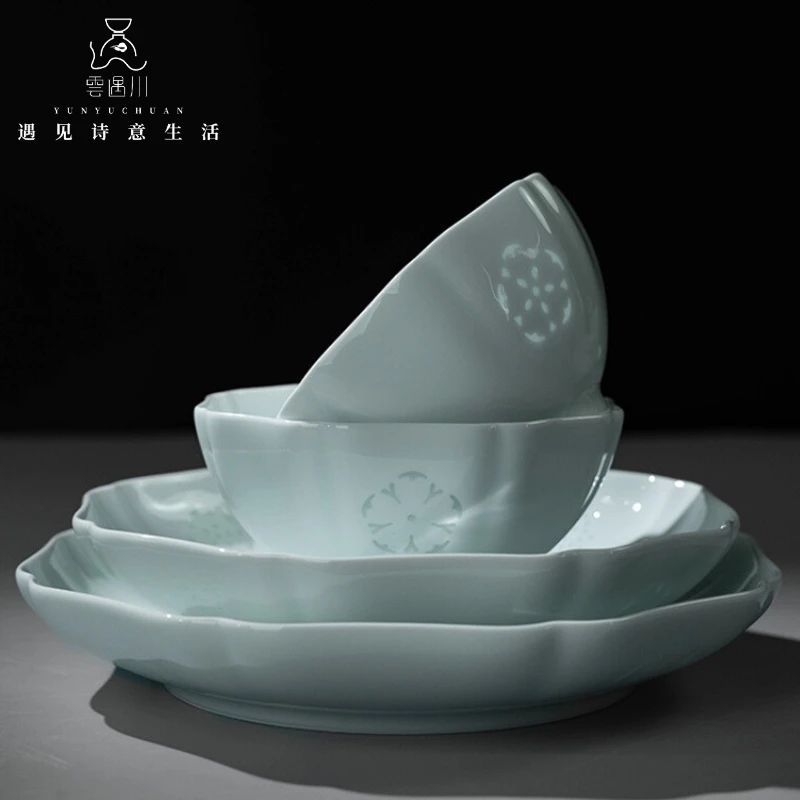 云遇川梅语影青玲珑碗碟锅勺景德镇高温高白瓷碗盘锅餐具陶瓷餐具