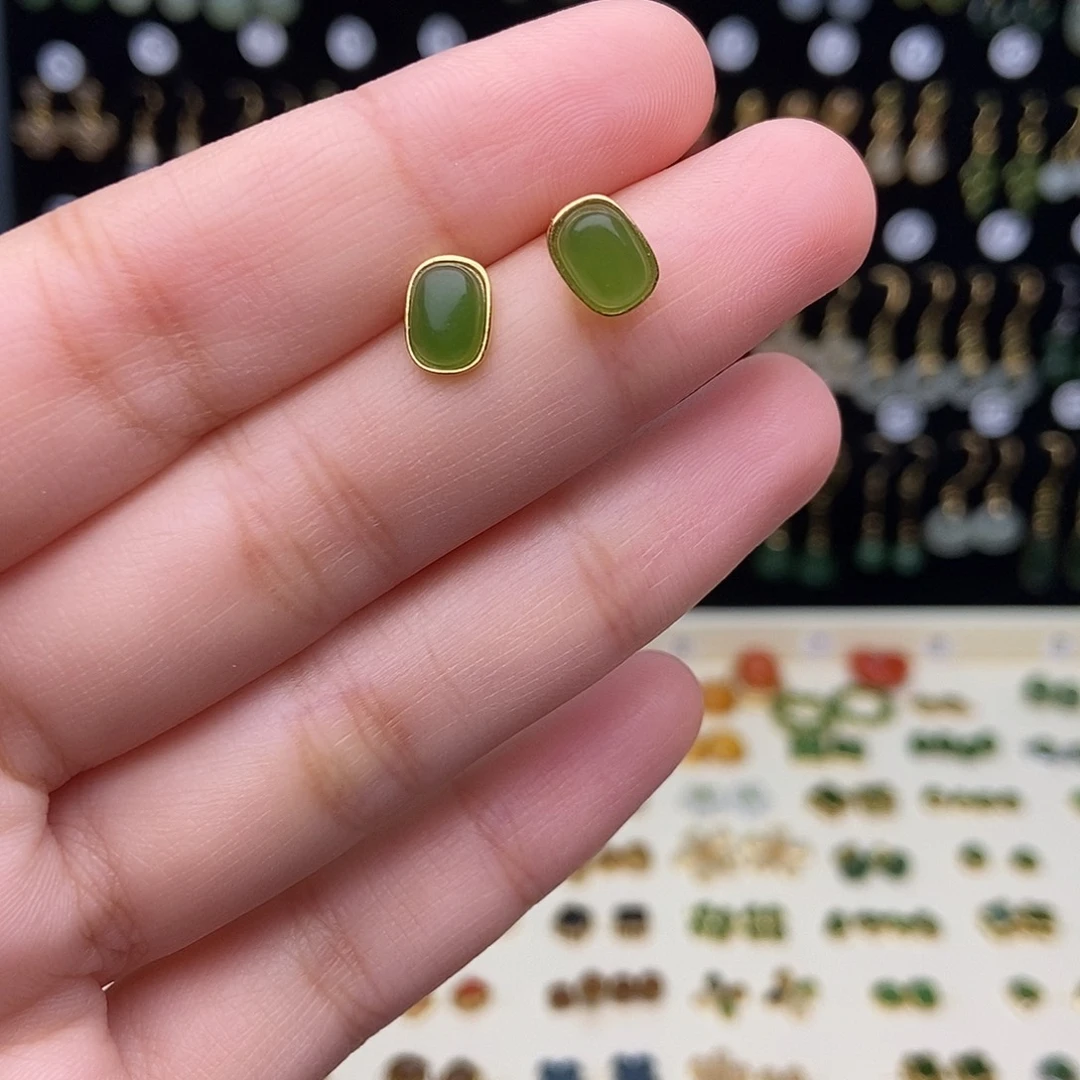 和田玉银S925镀金镶嵌耳饰