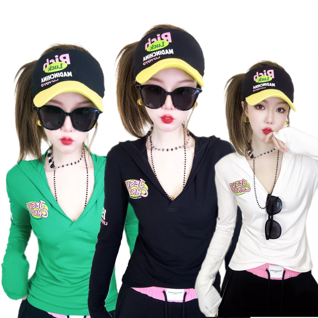 A296春装新款原创显瘦时尚休闲减龄撞色连帽纯棉打底衫长袖T恤女