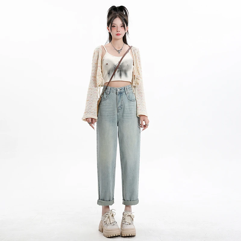 时尚百搭显瘦高腰秋季女装设计感直筒复古牛仔裤女