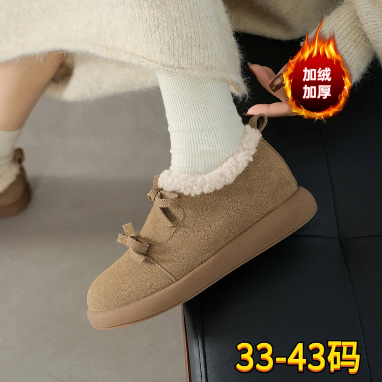 2025冬季蝴蝶结毛毛鞋加绒平底勃肯鞋女保暖雪地靴棉鞋大码33-43