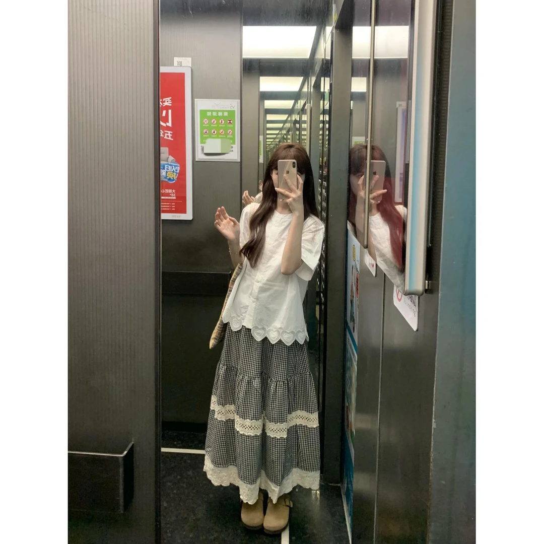 复古高腰花边新款显瘦时尚格子拼接蛋糕半身裙夏季裙子遮肉长裙