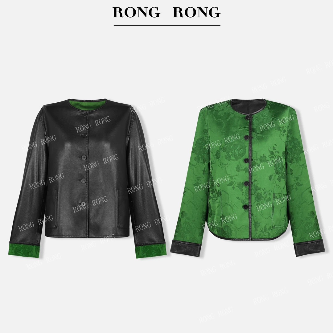 溶溶【暮色青染】RONGRONG 100绵羊皮国风提花双面穿百搭皮衣5812-1