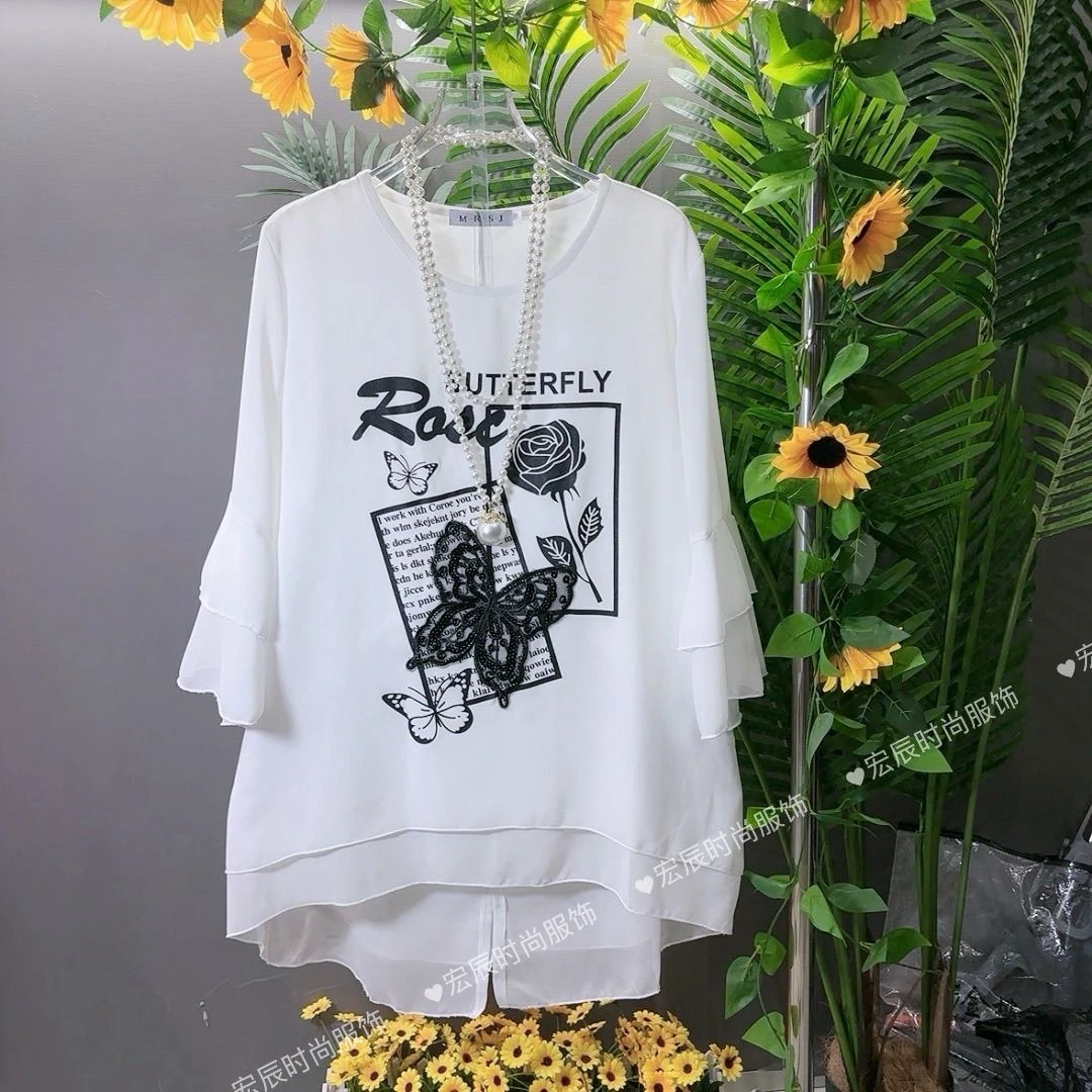 2025夏季新款胖MM大码印花蝴蝶飞飞袖宽松显瘦百搭短袖T恤上衣