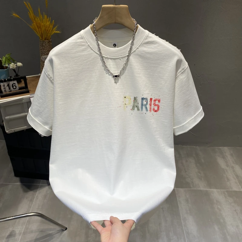 高克重纯棉手工涂鸦短袖T恤男2025年新款重磅宽松字母短袖T恤男装