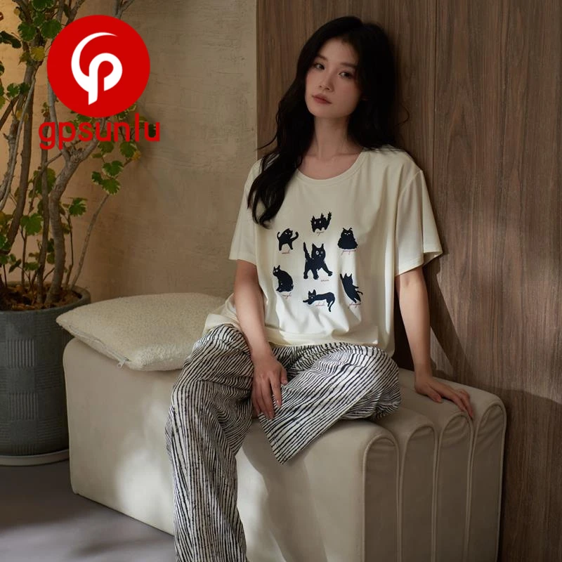 gpsunlu睡衣女夏款短袖长裤套装休闲时尚宽松夏季薄款家居服胸垫