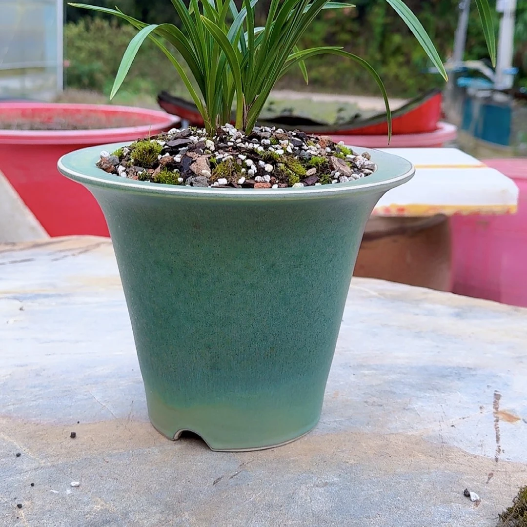 指***符绿釉哑光窑变陶瓷斗笠盆微瑕