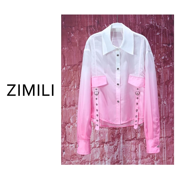 【子秋女装】2025设计师欧版粉色渐变织带口袋透纱衬衫8017