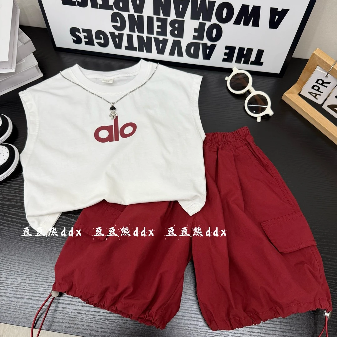 男童薄款字母套头两件套夏季宝宝纯色无袖套装中小童洋气上衣短裤