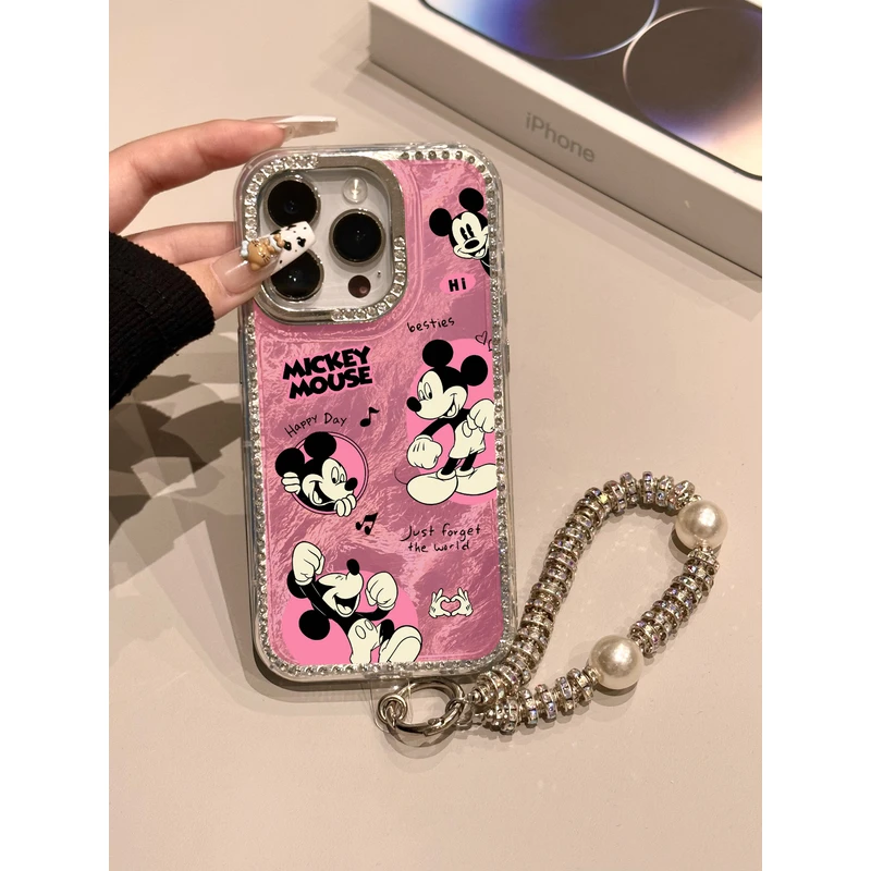 粉嘟嘟精致米奇爱心适用苹果15pro手机壳闪钻边框16/14防摔保护壳