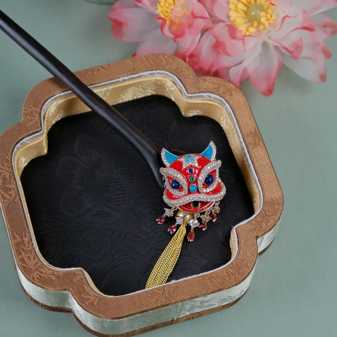 2025新款新中式中国风国风醒狮黑檀木簪发簪发饰过年送闺蜜妈妈