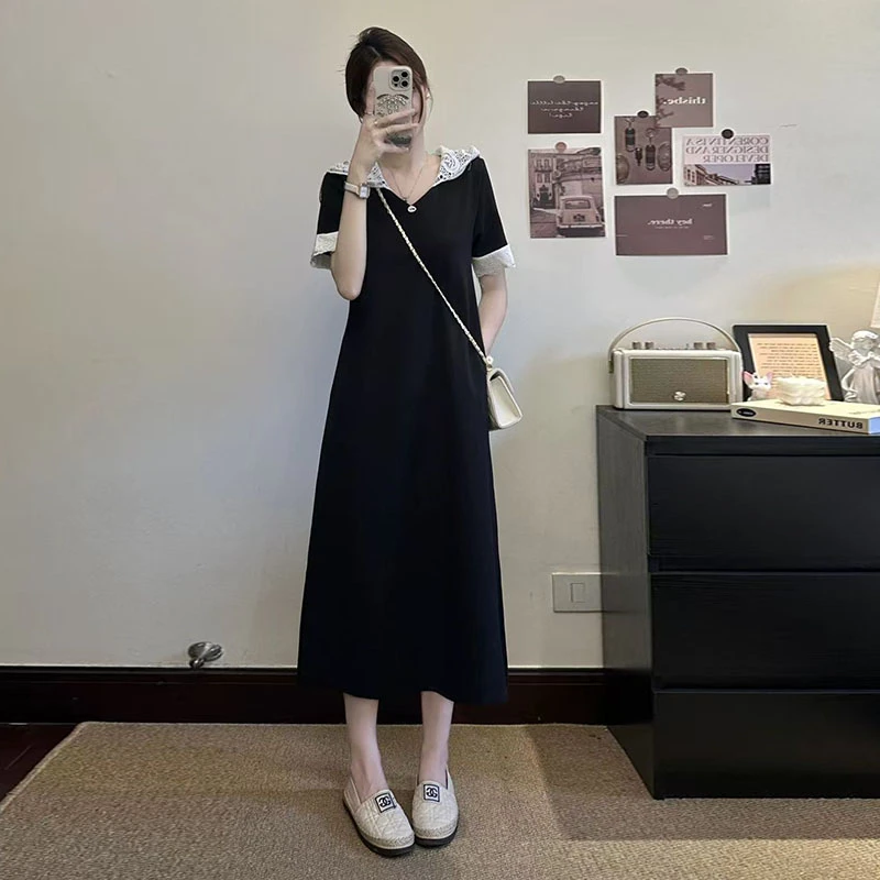 大码设计感连帽短袖连衣裙女夏季黑色休闲裙子胖mm遮肚显瘦a字裙