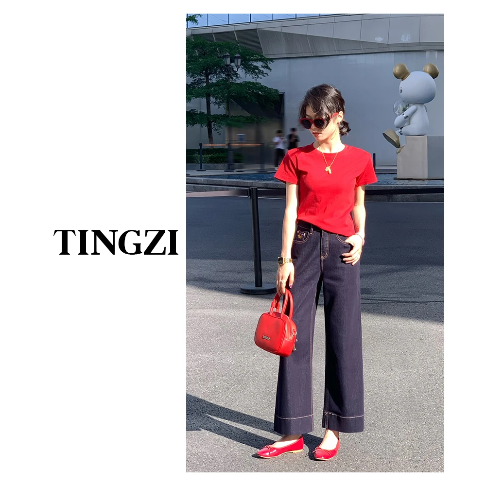 TingZi2025夏季新款丹宁九分阔腿裤高腰显瘦薄款气质直筒牛仔裤
