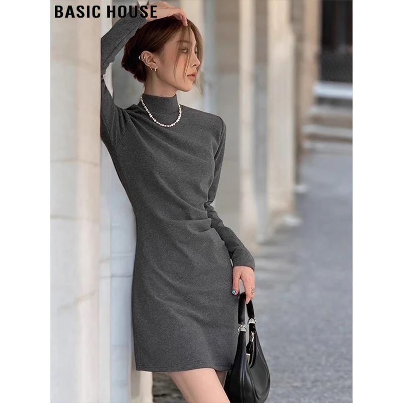 Basic House/百家好气质半高领T恤连衣裙女早秋打底灰色包臀短裙