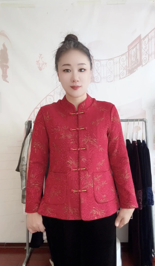 秋季新款提花盘扣长袖短款时尚显瘦妈妈装上衣