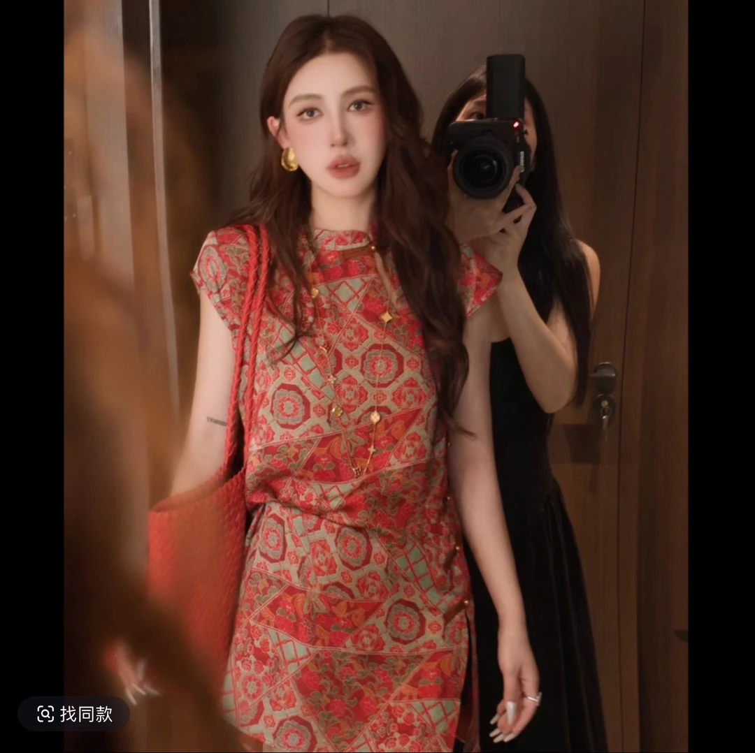 新中式老钱风夏季国风图案设计中国结连肩袖上衣中长款连衣裙