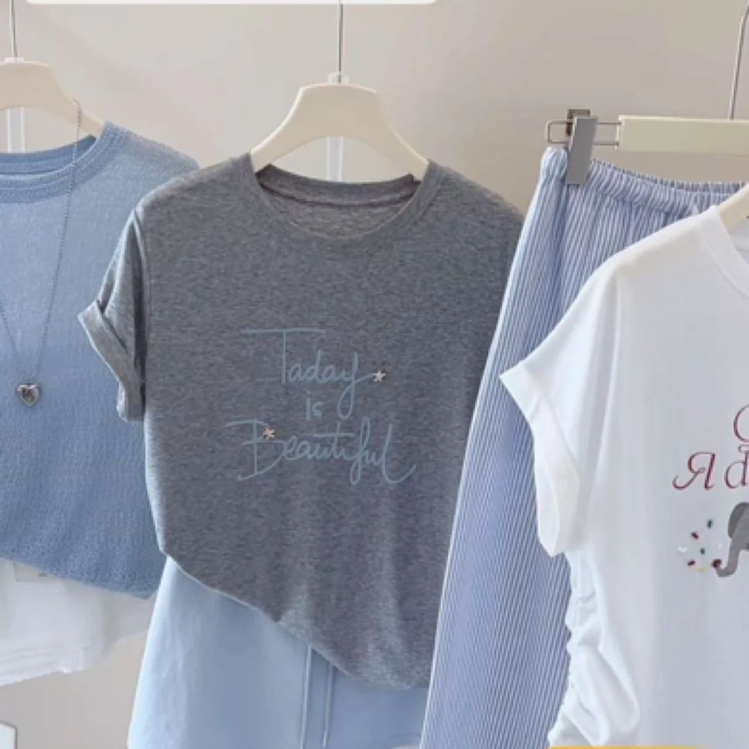 在韩 夏季新款灰色五角星凉感T