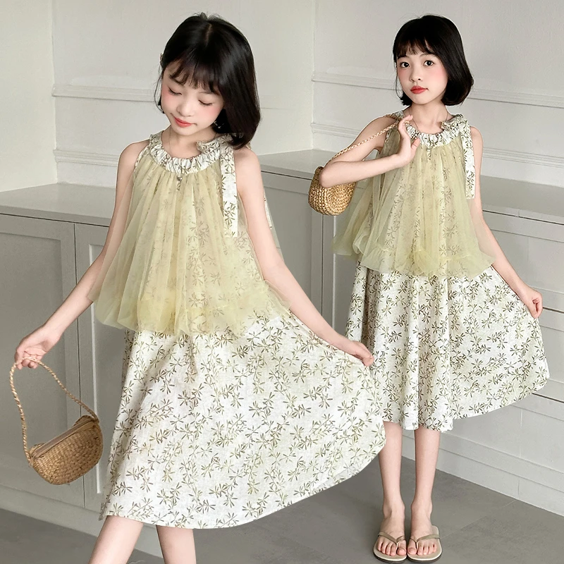 女童连衣裙2025新款夏季中大童沙滩裙儿童公主裙小女孩雪纺碎花裙
