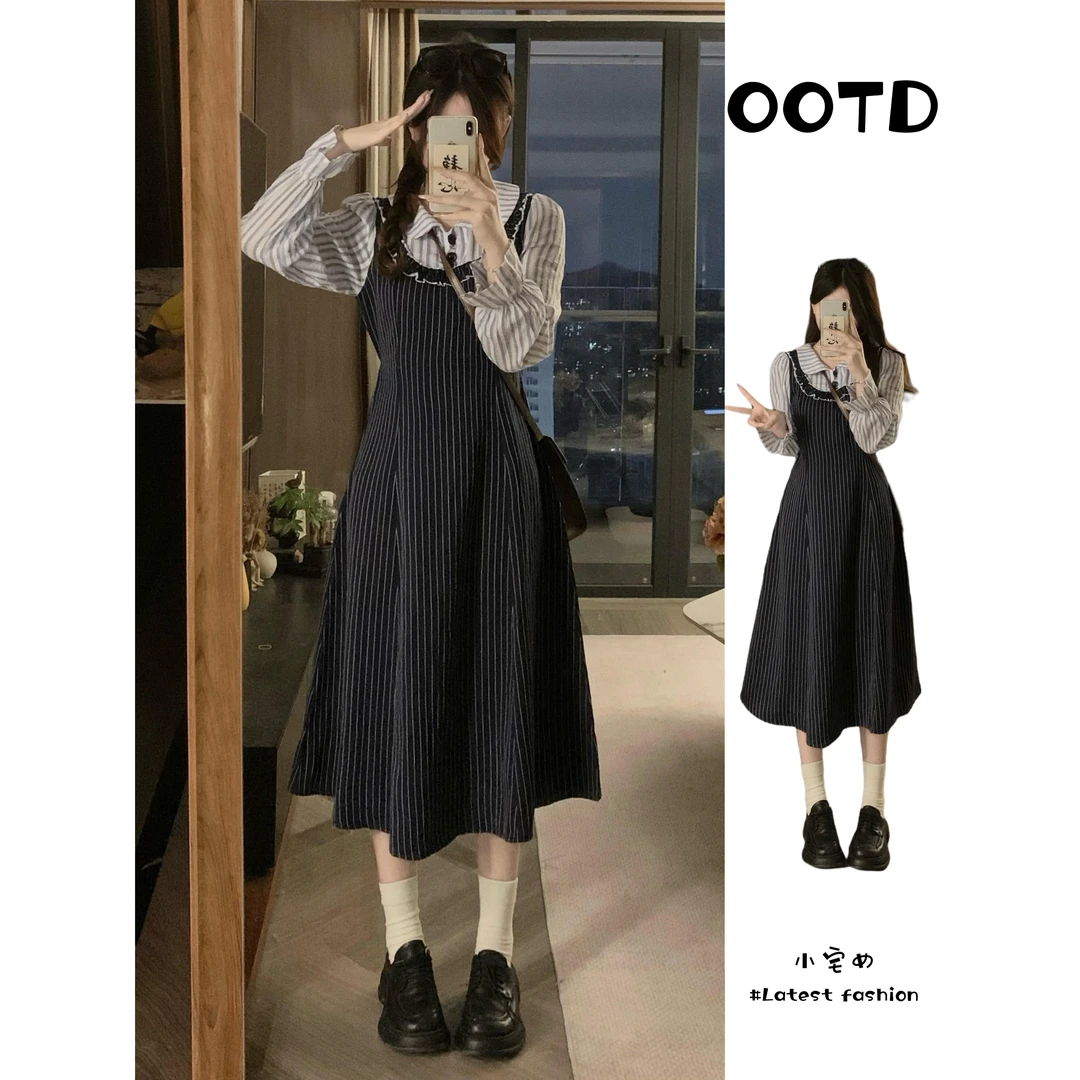 VOCKOO官方大码甜美学院风条纹拼接连衣裙女秋季胖MM减龄收腰显瘦