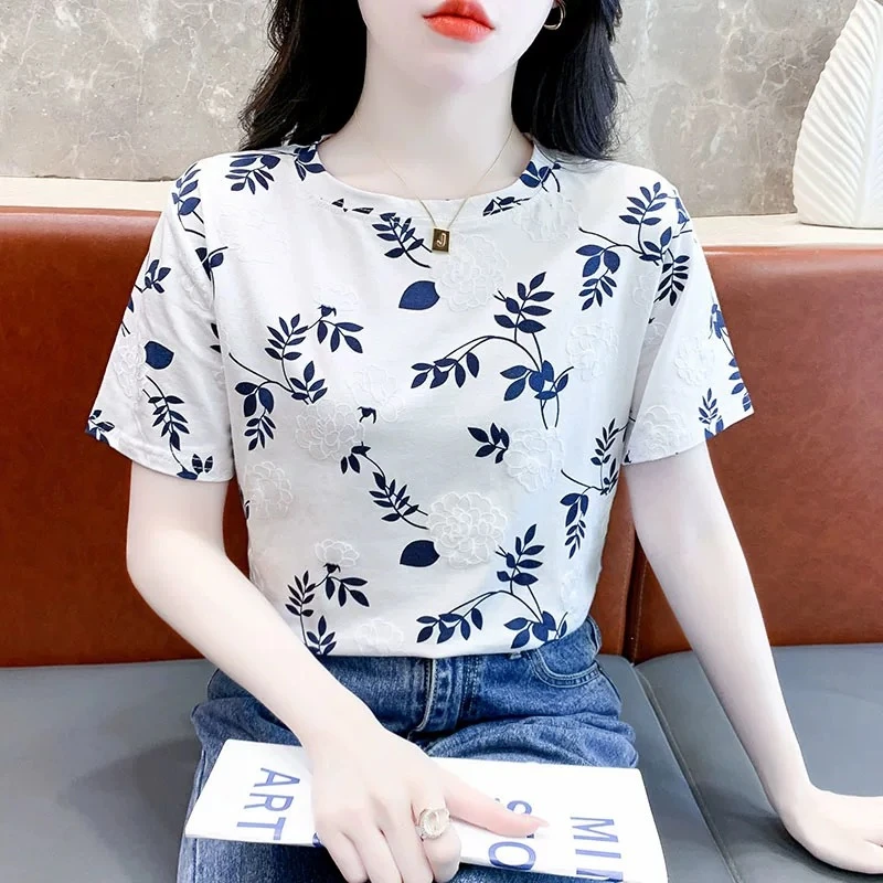 印花圆领吸汗短袖通勤宽松型T恤夏装短款打底衫休闲风上衣半袖
