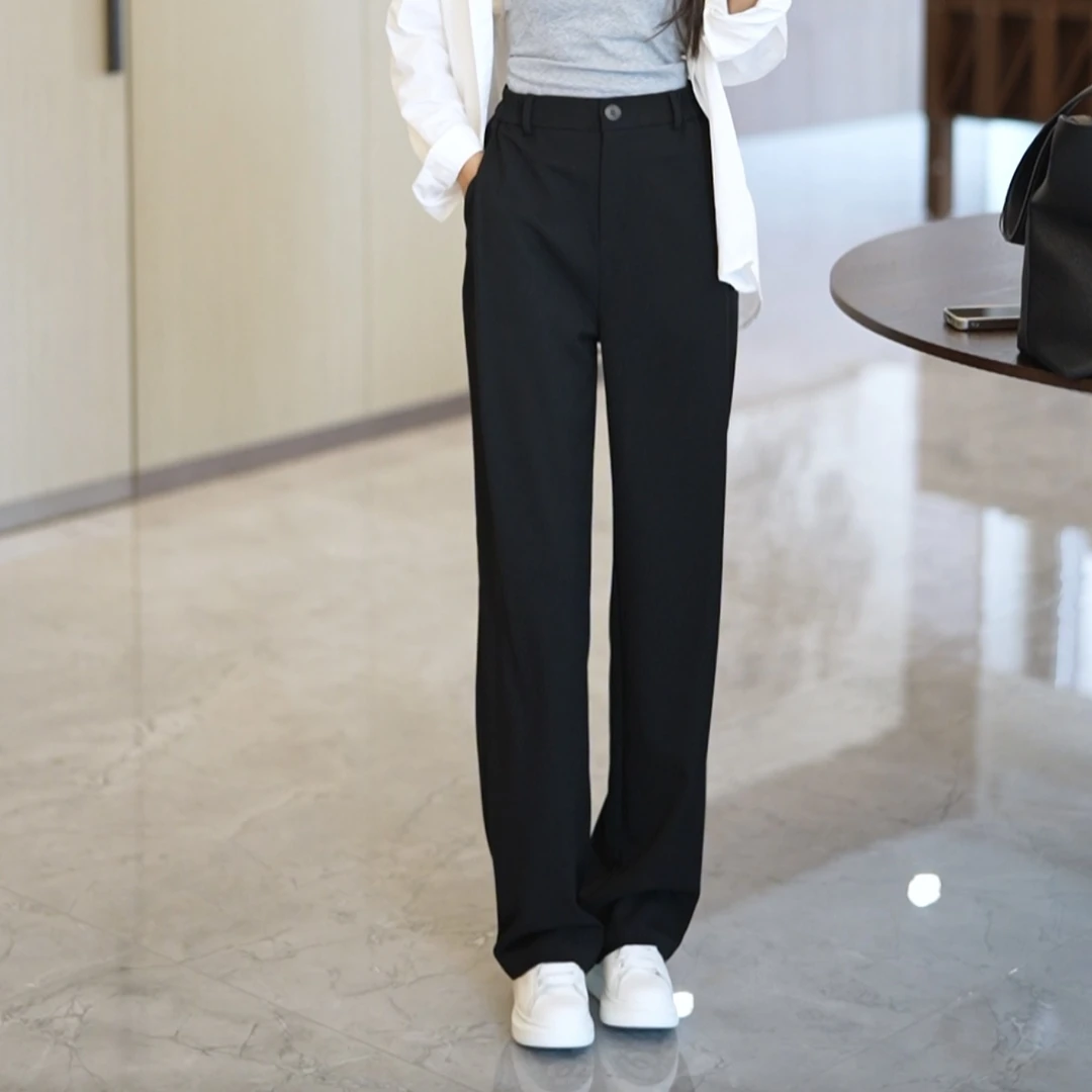 窄版西装裤女2025新款春秋高腰垂感拖地休闲设计感直筒灰色阔腿裤