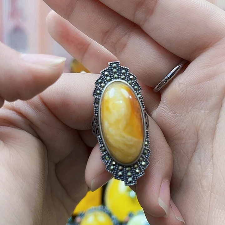 蜜蜡银S925镶嵌裸石戒指