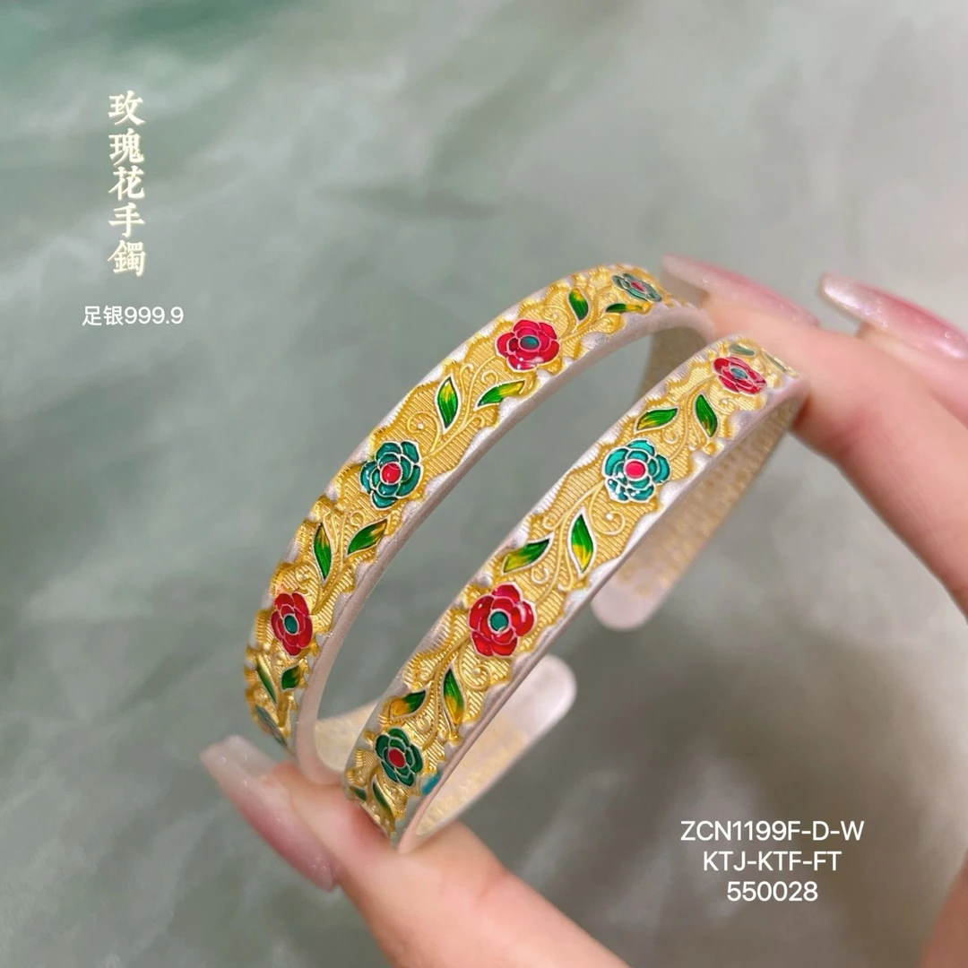 足银手镯 Y88足银9999描金珐琅玫瑰花手镯女纯银国风镯子开口