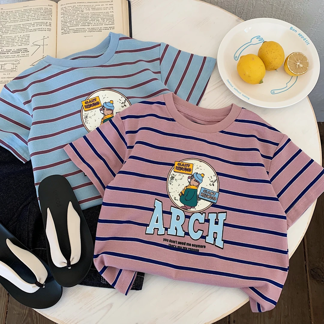 ZYx078男童卡通条纹圆领短袖T恤2025夏季新款时尚百搭韩版潮