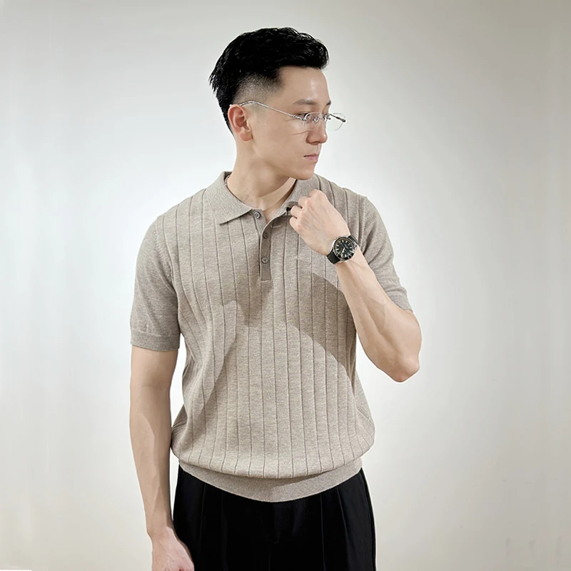 简约POLO针织衫短袖男士老钱风基础款2025春夏百搭翻领坑条纹上衣