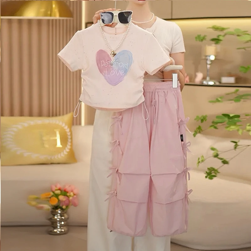 XGM夏季女童透气套装2025新款儿童洋气女孩短袖T恤工装裤两件套潮